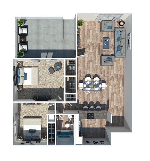 Floor plan for 2 beds, 1 bath, 975 sqft